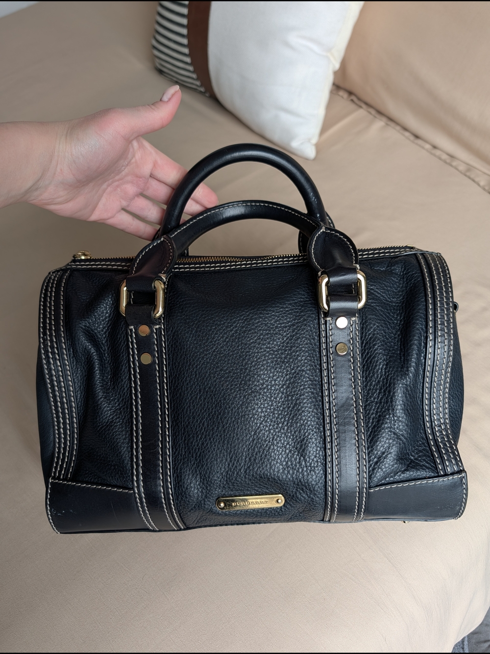 Deep Navy Grainy Leather Satchel Bag with Contrast Stitching